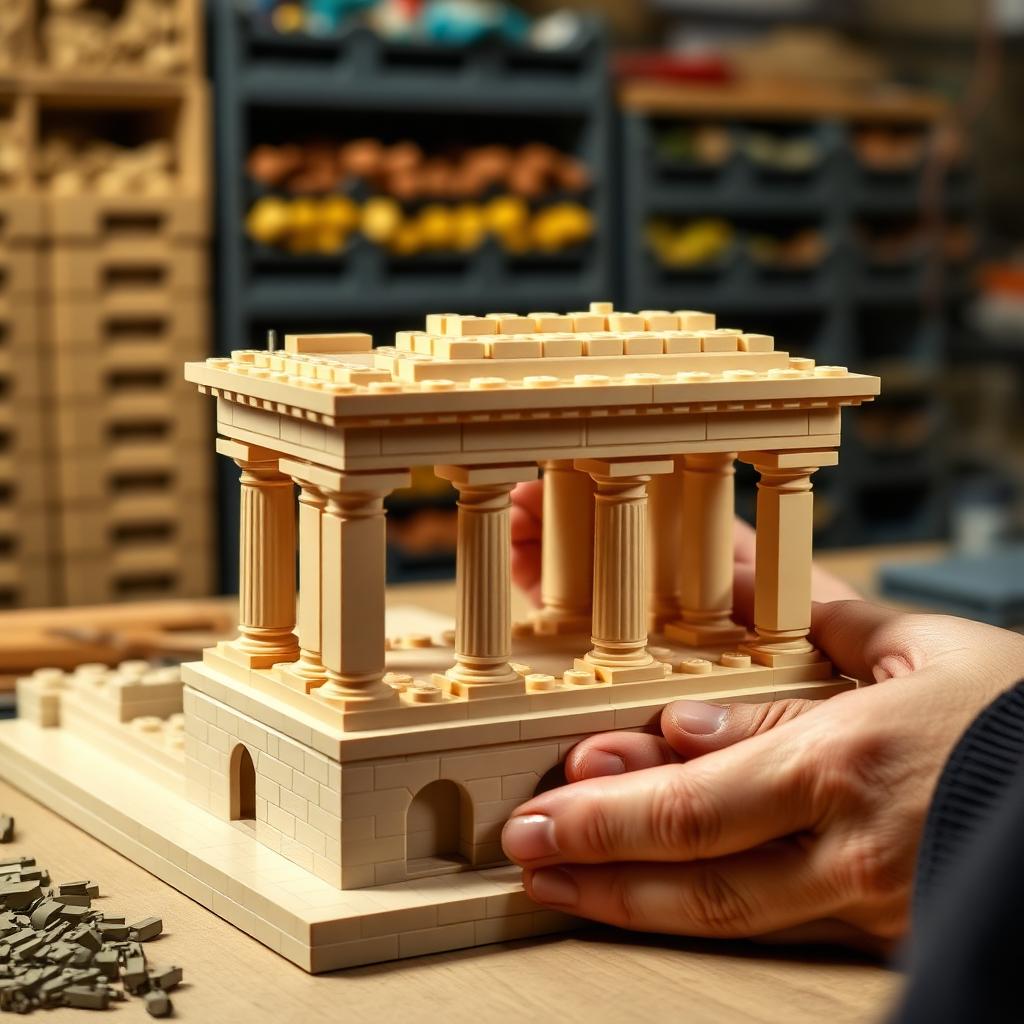 Hands assembling a tan brick colonnade with sorted brick trays in the background