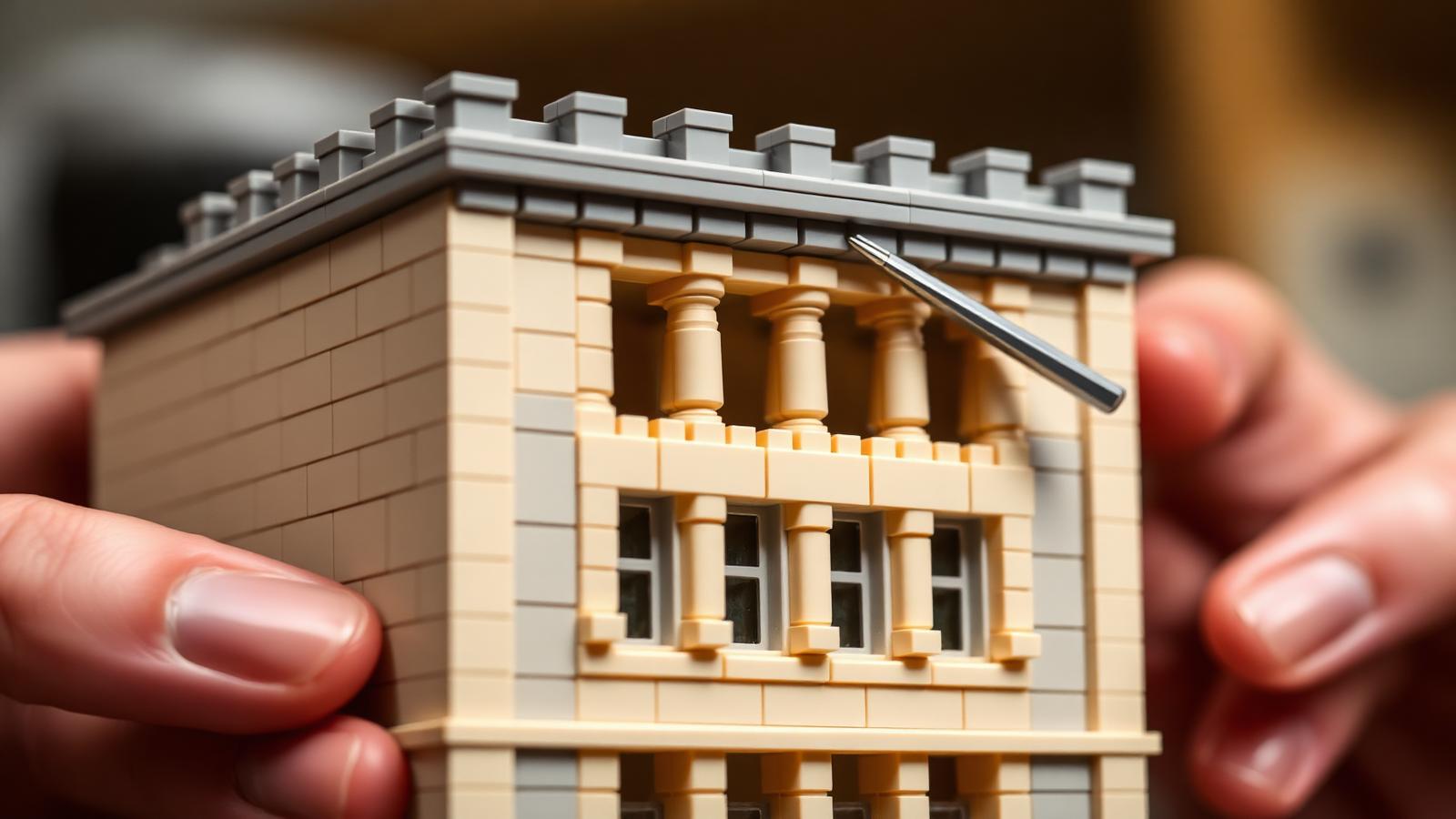 Close-up of hands using tweezers to place SNOT-oriented bricks on a scaled ABB architecture model facade with columns and window frames