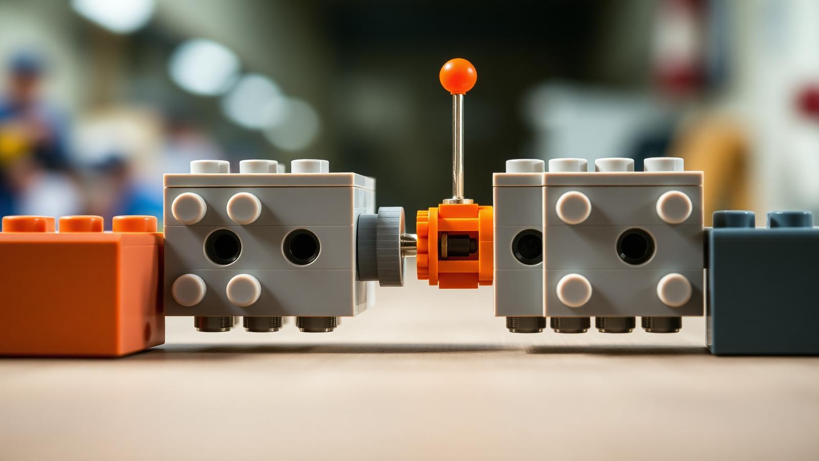 Two brick modules connecting with Technic pins at a clean 8-stud joint