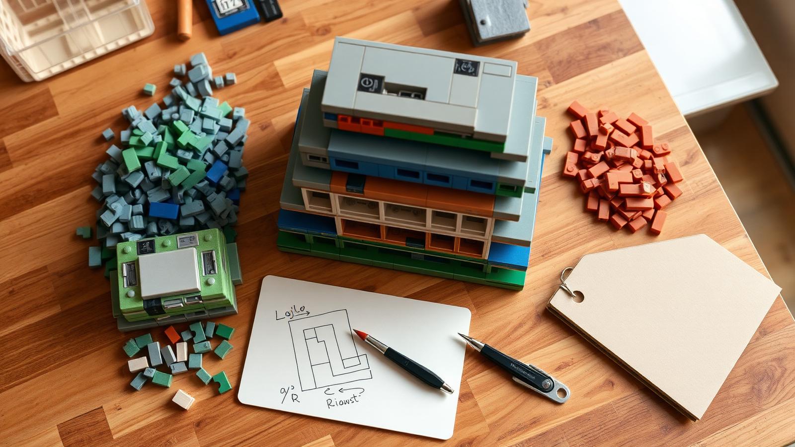 Sorted brick piles by color with layered brick model and design notebook on workshop table