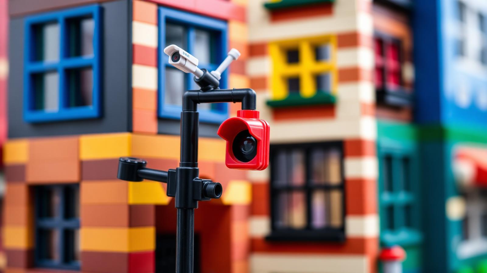 Close-up of a brick-built street camera and traffic sensor pole on a colorful city module