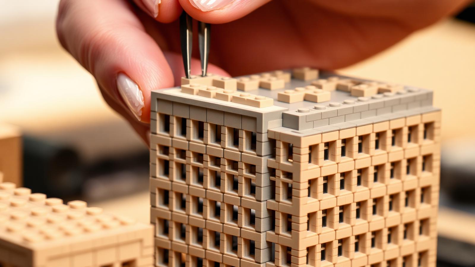Close-up of tweezers placing bricks on an architectural building model using the SNOT technique