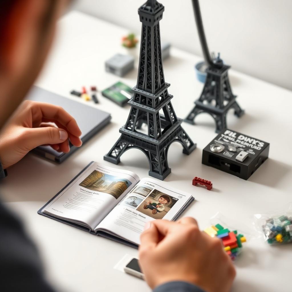 Hobbyist assembling a LEGO-compatible Eiffel Tower model with numbered instruction booklet and sorted brick bags