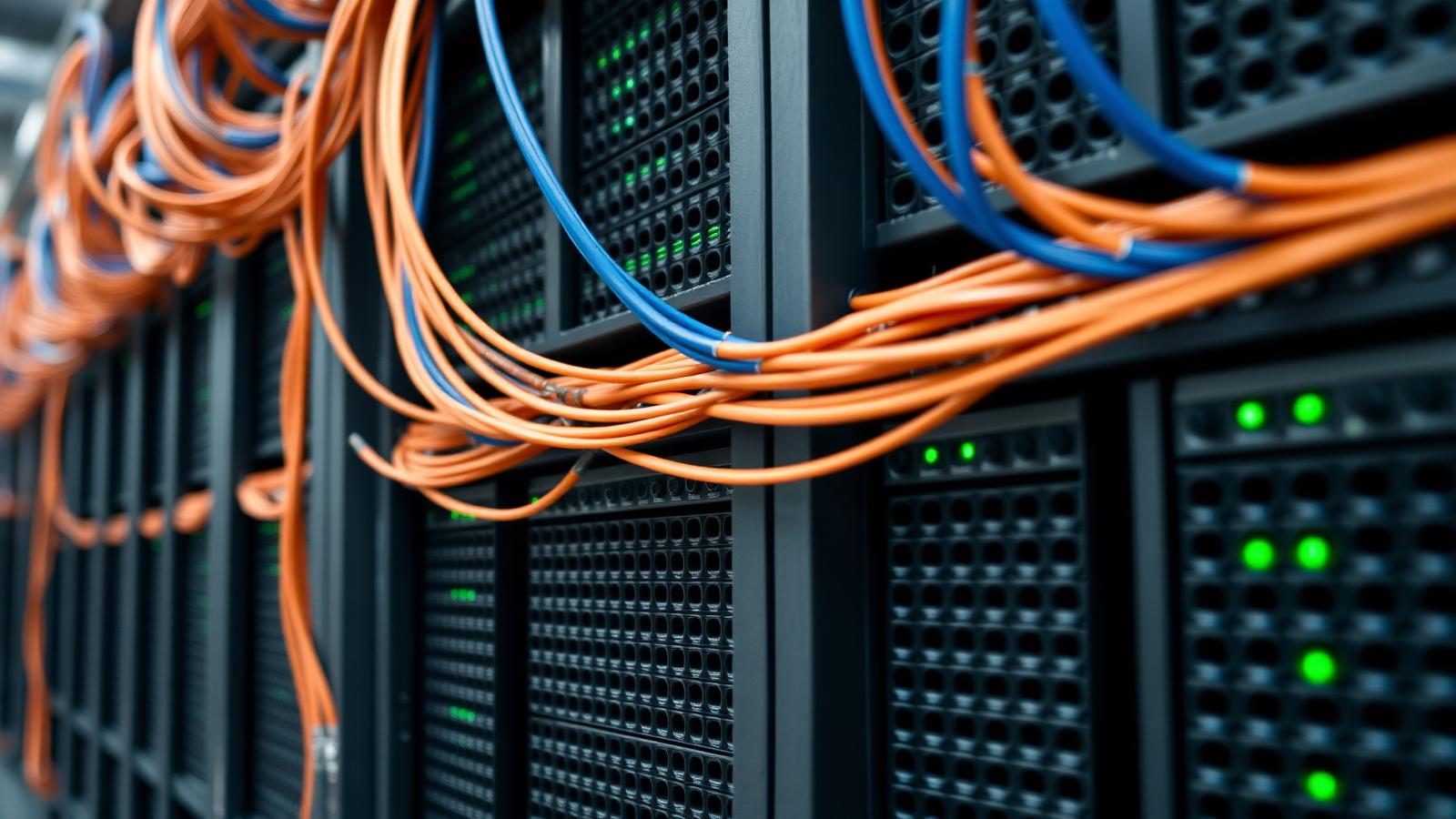 Close-up of a brick-built server rack row with orange and blue cable runs and green LED status lights