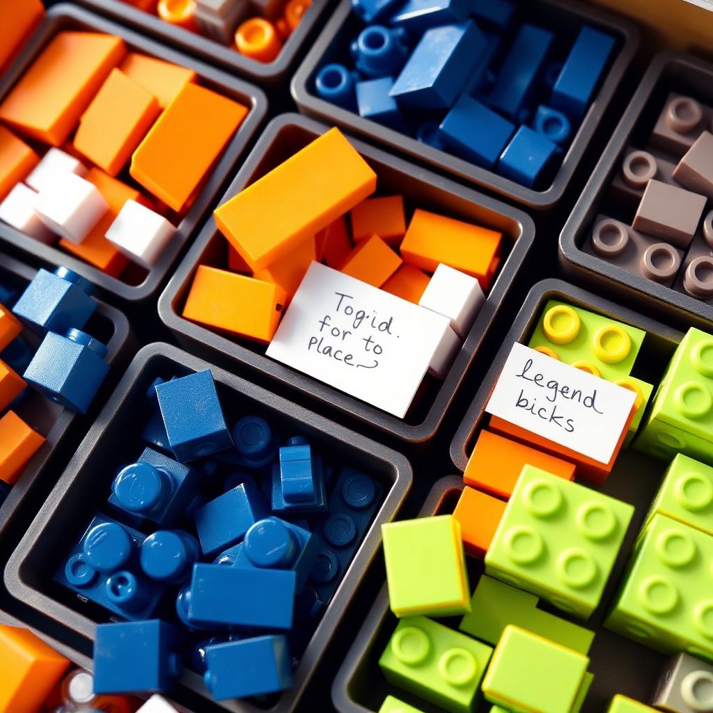 A reference architecture modeled with orange, white, blue and lime green building blocks on a wooden desk