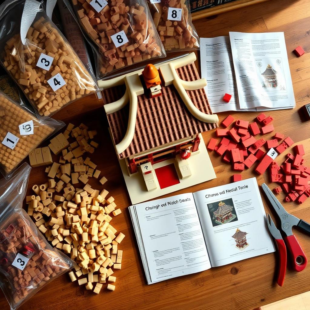 Numbered builder bags, sorted tan and red ABS bricks, an assembled curved-roof section, and a printed instruction booklet on a wooden workbench