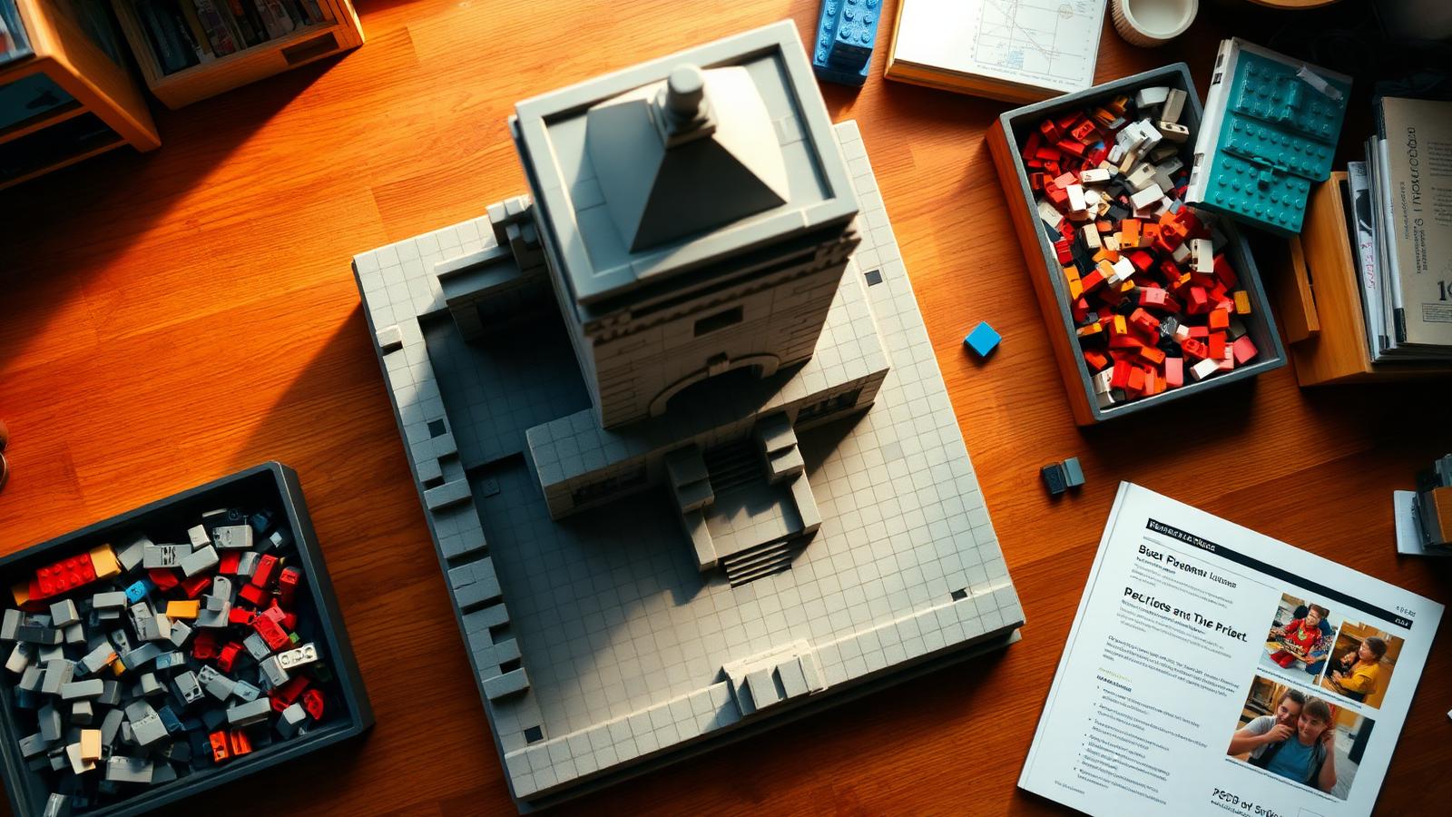 Landmark 5 build in progress with sorted bricks and instruction booklet on a wooden desk