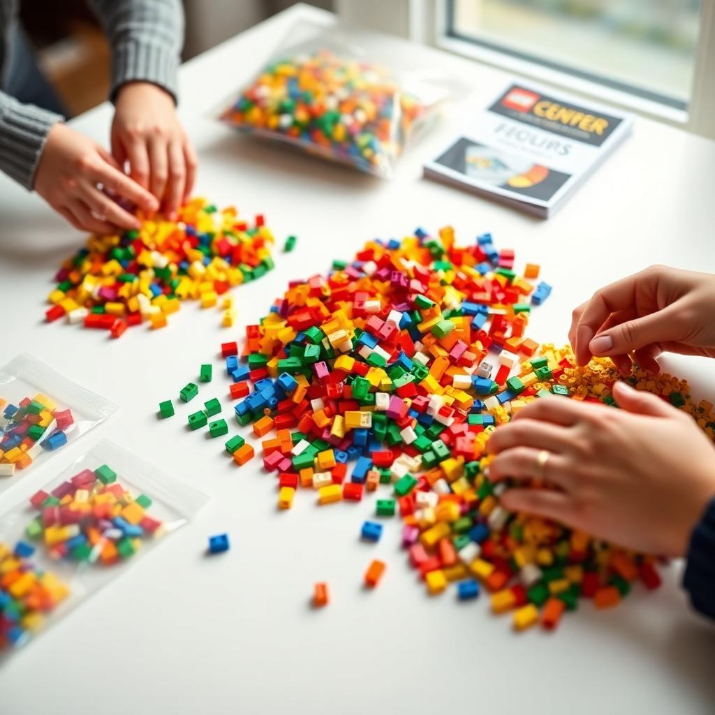 Hands sorting colorful LEGO-compatible bricks with numbered instruction bags on a white surface