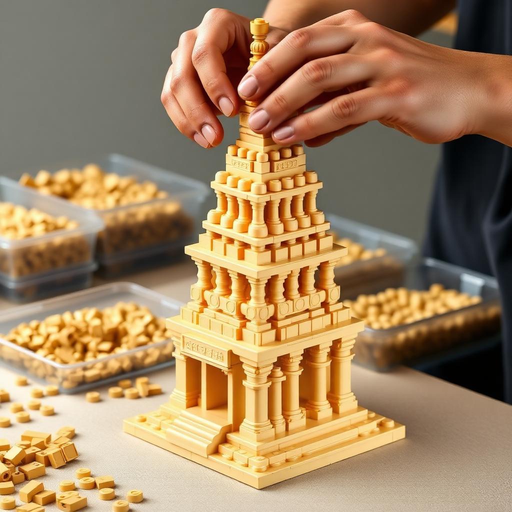 Hands assembling a Dravidian temple tower from cream and gold building blocks, with sorting trays of tan and gold bricks in the background