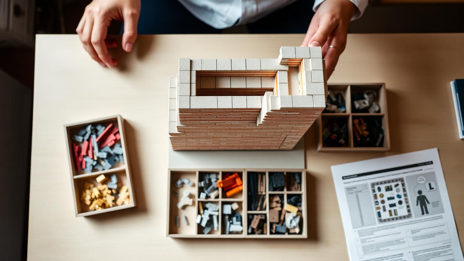 Overhead view of hands assembling a building block architecture model with sorted piece trays and an instruction manual