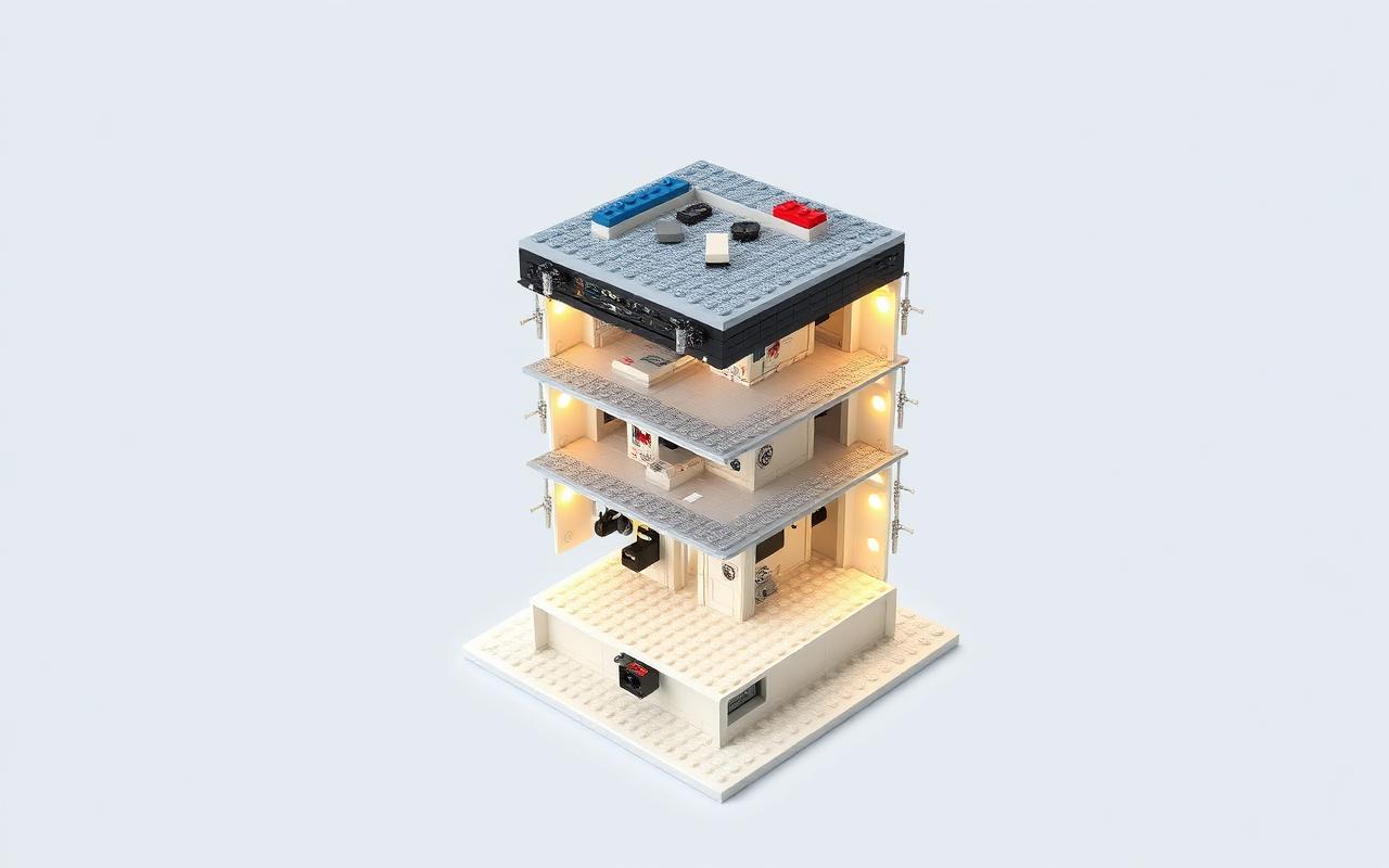 Exploded diagram showing the four horizontal layers of a modular brick build: foundation, structure, function, detail