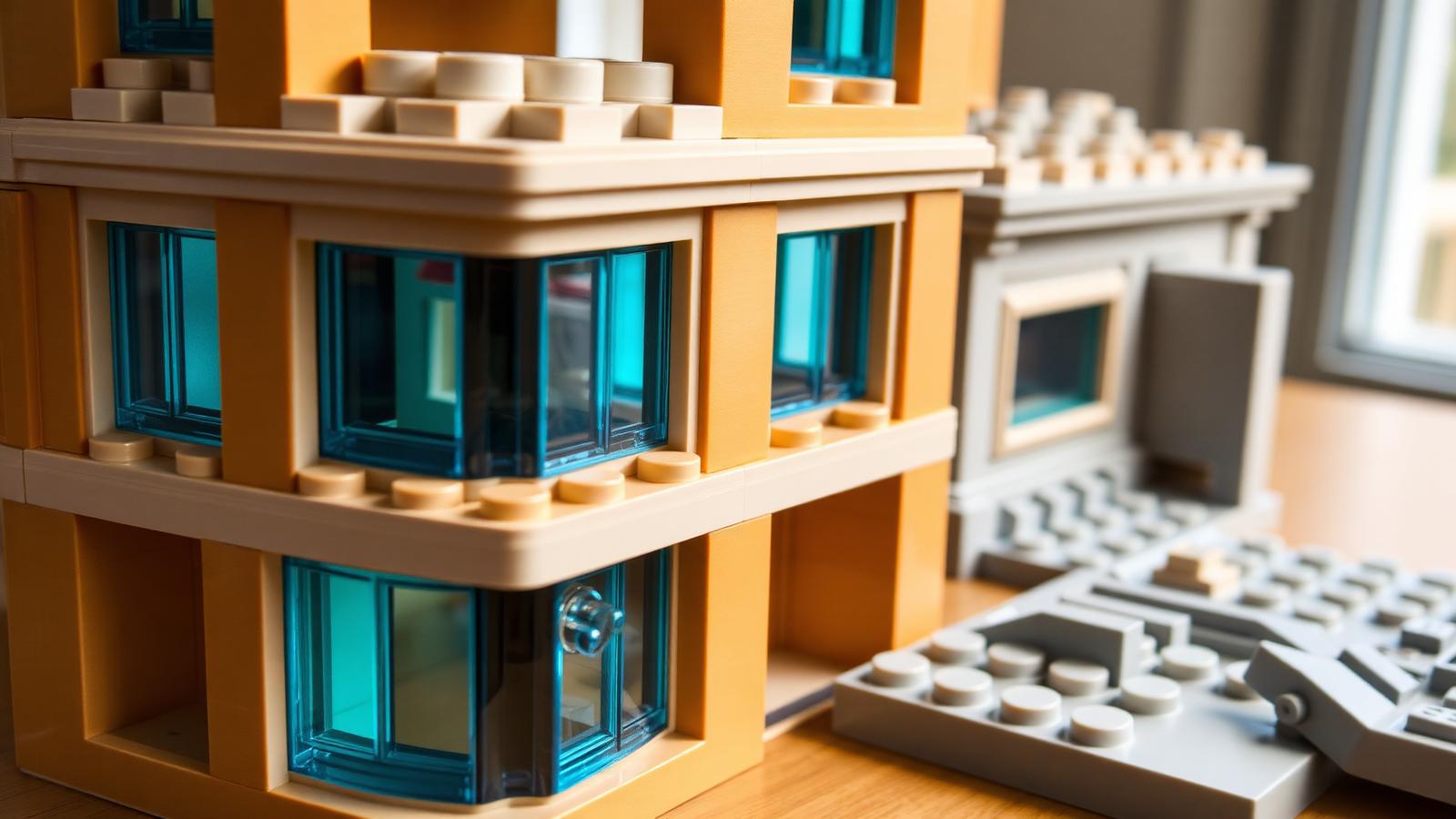 Close-up of a miniature building block architectural model showing recessed transparent windows, cornices, and column detailing