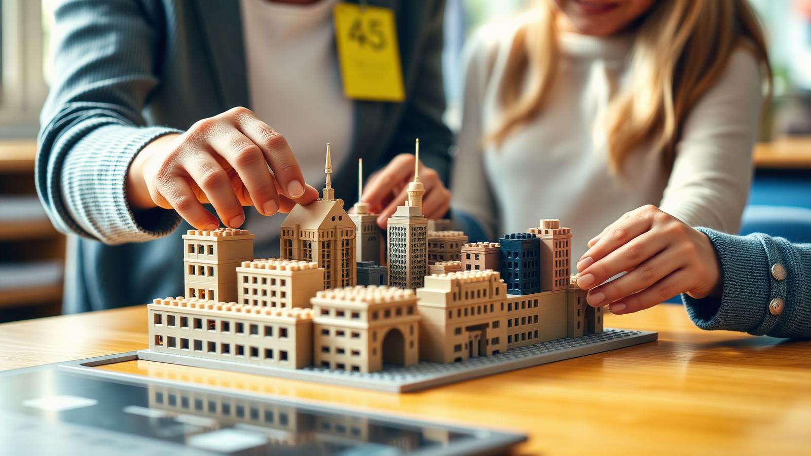 Teacher and child collaboratively building a miniature brick city skyline in a classroom
