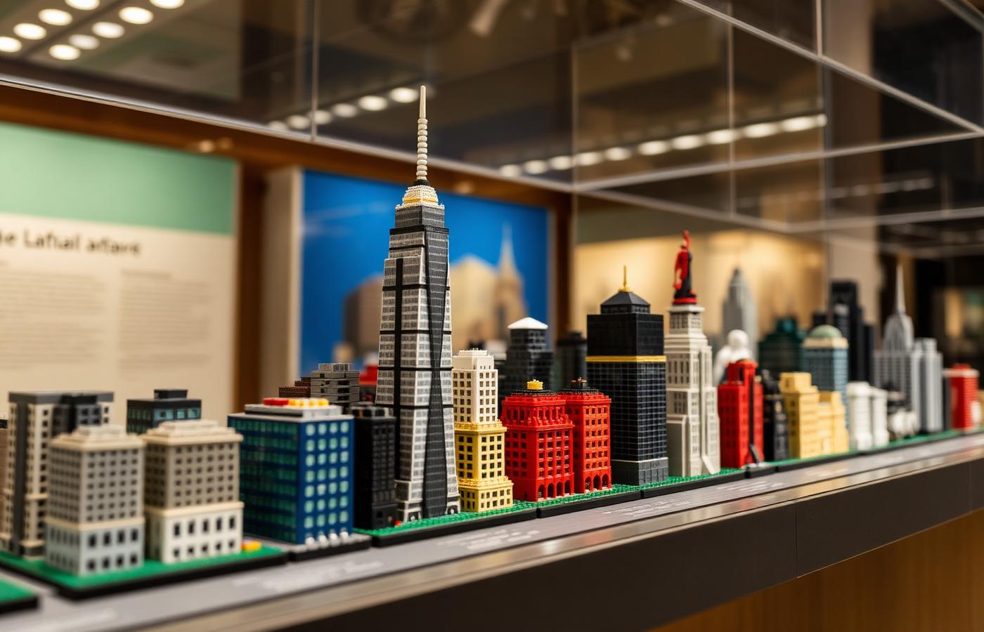 Modular brick city skyline display of miniature buildings