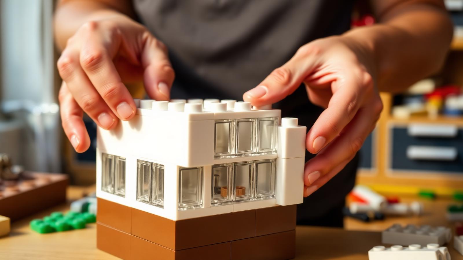 Hands using SNOT technique with white and transparent architecture bricks