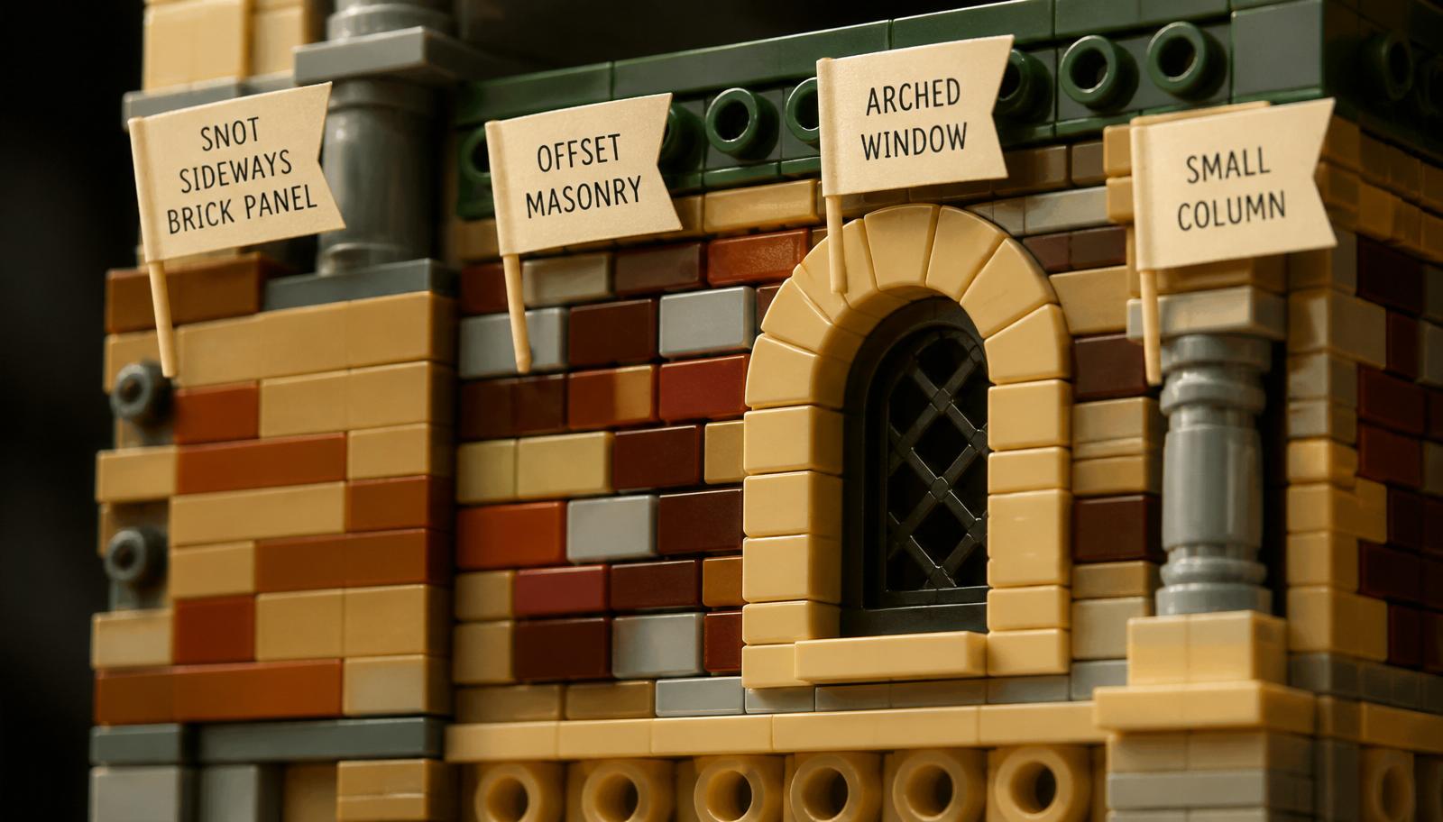 Annotated close-up of a brick-built facade with paper flags labeling SNOT sideways panel, offset masonry, arched window, and small column techniques