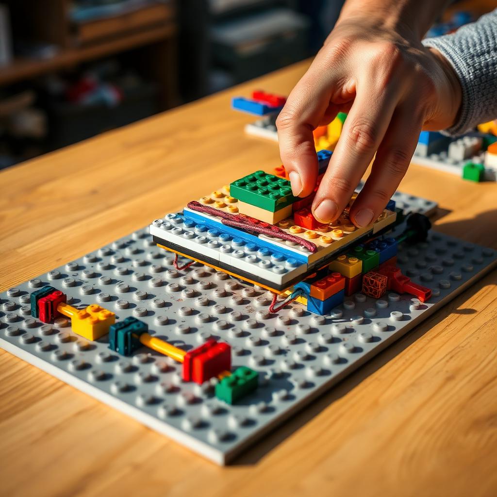 Hand rearranging colored building bricks on a gray baseplate to plan an enterprise architecture layout