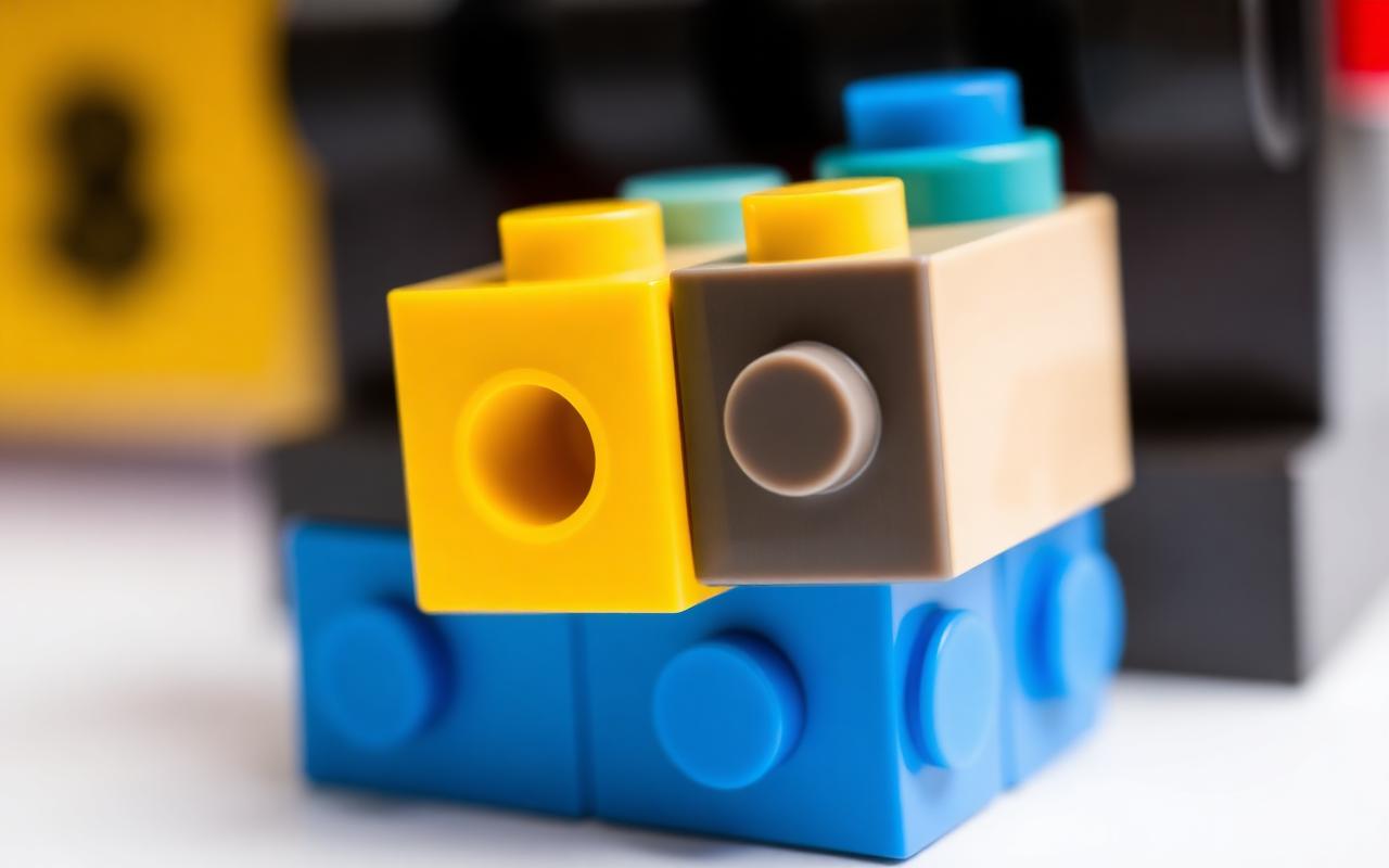 Close-up of two modular brick sections joining at a standardized stud-overlap interface