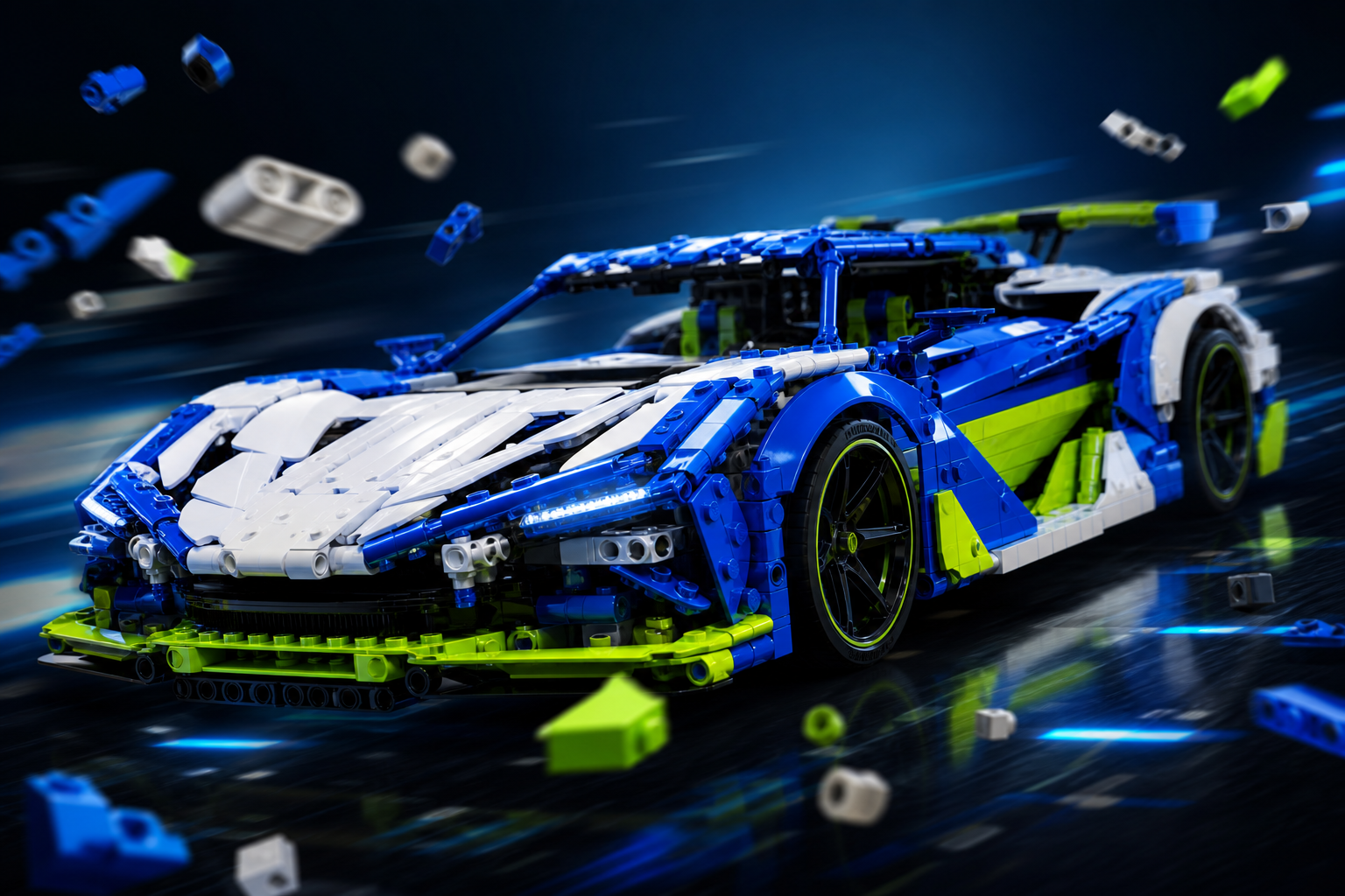 Sleek futuristic supercar built entirely from blue, white and neon green toy bricks with floating pieces